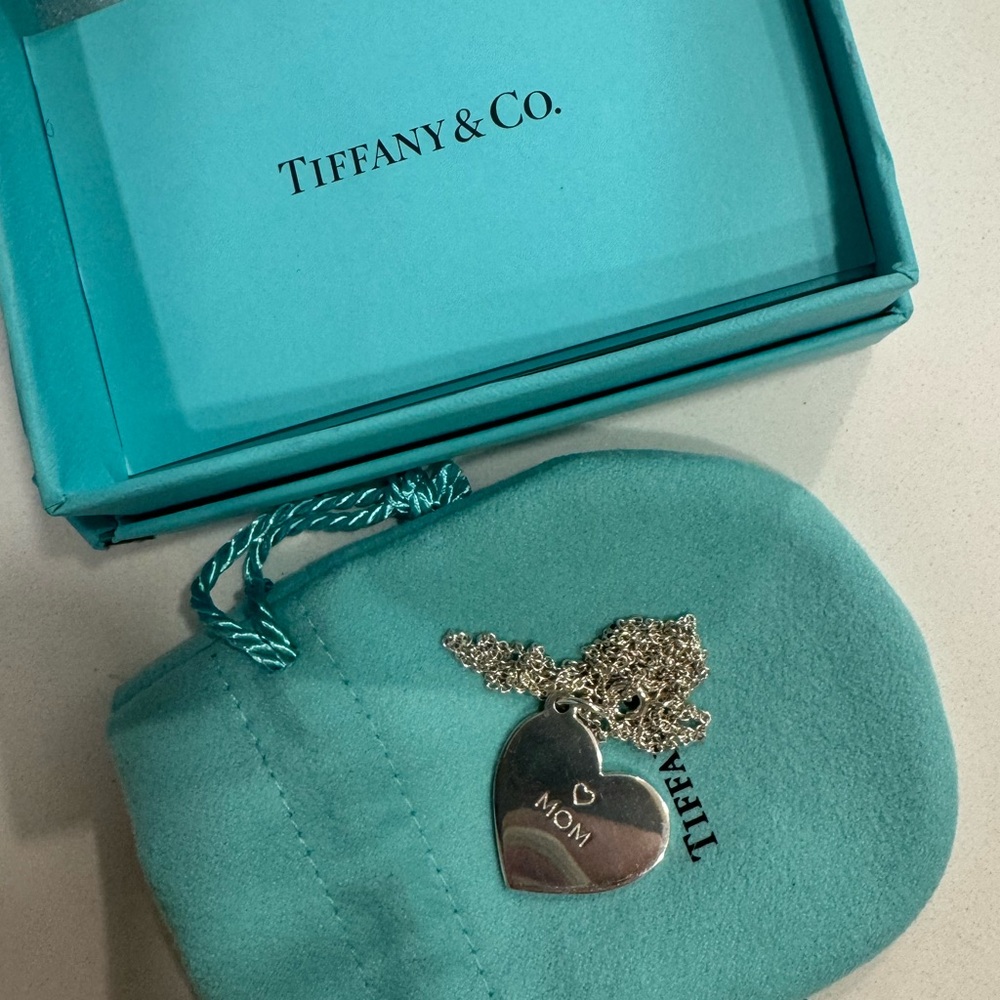 Tiffany & Co. Silver Heart 'MOM' Pendant Necklace on 18 inch chain
